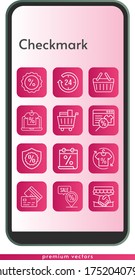 conjunto de iconos de marca de verificación. incluido calendario, apretón de manos, tienda en línea, 24 horas, camisa, carrito de la compra, descuento, garantía, tarjeta de crédito, iconos de la cesta de la compra en el fondo del diseño del teléfono. estilos lineales.