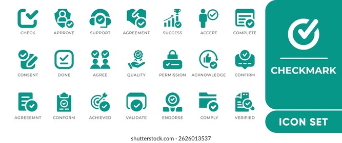 Conjunto de Ícones de Marca de Seleção. Inclui ícones de vetor de marca, caixa de seleção, tarefas concluídas, marcas de aprovação e validação. Perfeito para aplicativos, formulários, painéis e design de interface do usuário.