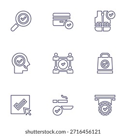Conjunto de iconos de marca de verificación. Estilo de línea. Búsqueda, mente, cheque, tarjeta de crédito, chaleco salvavidas, sociedad, bolso de compras, área de fumar, medalla.