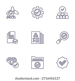 Conjunto de iconos de marca de verificación. Estilo de línea. Personal, marca de verificación, análisis, registrado, carpeta, verificado, fácil instalación, lista de verificación, diamante.
