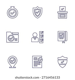 Conjunto de iconos de marca de verificación. Estilo de línea. Seguridad, escudo, carpeta, marcador de posición, marca, libro, caja de votación, alarma, seguro.