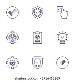 Conjunto de iconos de marca de verificación. Estilo de línea. Comprobar, fácil instalación, escudo, aprobar, Propiedad intelectual, marca de verificación, sí, seguro.