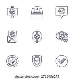 Conjunto de iconos de marca de verificación. Estilo de línea. Aprobado, seguridad, bueno, escudo, visión, cheque, correo electrónico, doble cheque, voto.