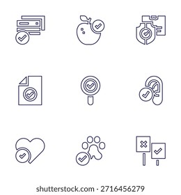 Conjunto de iconos de marca de verificación. Estilo de línea. Aprobado, admite mascotas, paquete, favorito, oreja, comida saludable, documento, votación, tarjeta de crédito.