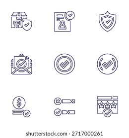 Ícone de marca de seleção definido. Estilo da linha. Curso editável. cheque, bar, contratado, escudo, validado, classificação, pacote, carta, financeiro.