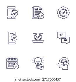 Conjunto de iconos de marca de verificación. Estilo de línea. Pegatina, Encuesta, tick, aprobar, asegurar, comprobar, calendario, portátil, idea.
