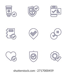 Conjunto de iconos de marca de verificación. Estilo de línea. Satisfacción del Cliente, protección, correcto, seguridad, orden, fácil instalación, como, crema solar.