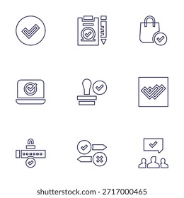 Conjunto de iconos de marca de verificación. Estilo de línea. Movimiento editable. decisión, bolso de compras, doble cheque, Acuerdo, sello, cheque, voto electrónico, Contraseña.