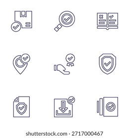 Conjunto de iconos de marca de verificación. Estilo de línea. Marca de verificación, propuesta de valor, inspección, versión, Descarga, seguro, envío, directriz, escudo.