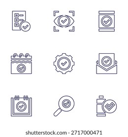 Conjunto de iconos de marca de verificación. Estilo de línea. Lista de comprobación, marca de verificación, marca de verificación, visibilidad, verificado, búsqueda, teléfono inteligente, éxito.