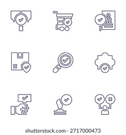 Ícone de marca de seleção definido. Estilo da linha. Traço editável. verificar, responder, aceitar, escolher, carrinho, pacote, pesquisar, verificado, carimbo.