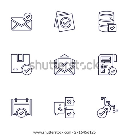 Checkmark icon set. Line style. Editable stroke. sent, note, checked, database, email, check, contract, information, wheelchair.