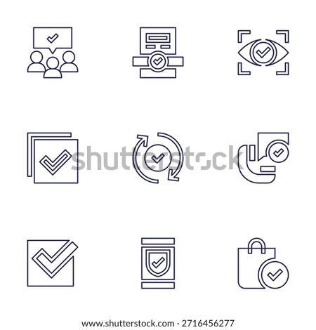 Checkmark icon set. Line style. Editable stroke. audience, right, checked, call, approved, shopping bag, view, validated, protect.