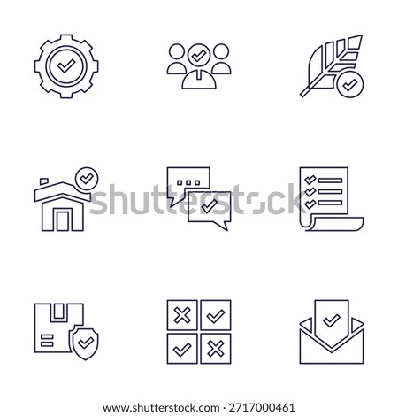 Checkmark icon set. Line style. Editable stroke. feedback, compliance, hypoallergenic, list, good review, house, box, selection, check.