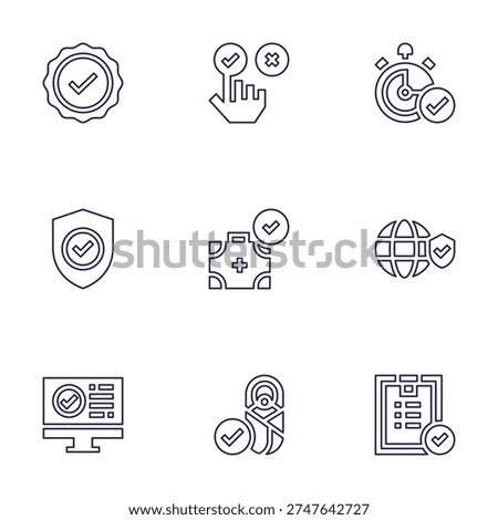 Checkmark icon set. Line style. Editable stroke. verification, shield, checkmark, chronometer, world, check list, rating, first aid kit.