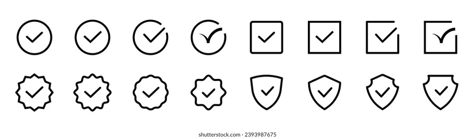 Checkmark icon set. Line checkmark tick. Vote symbol. Correct sign. Checkmark symbol. Editable stroke. Vector illustration.