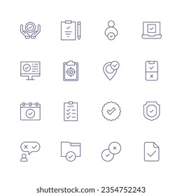 Checkmark icon set. Thin line icon. Editable stroke. Containing care, bulb, recycle, phone, renewable energy, eco bag, tshirt, energy saving, earth, shop, clothes, recycling, light bulb, environment.