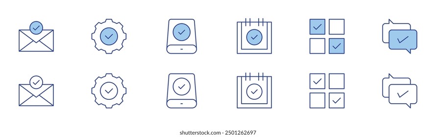 Das Markierungssymbol ist in zwei Formaten festgelegt: Duotone und Thin Line. Bearbeitbarer Strich. Häkchen markieren, auswählen, korrigieren, E-Mail senden, einfache Installation, Datenspeicherung.