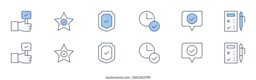 Checkmark icon set in two styles, Duotone and Thin Line style. Editable stroke. agree, star, time, good, customer satisfaction, shield.