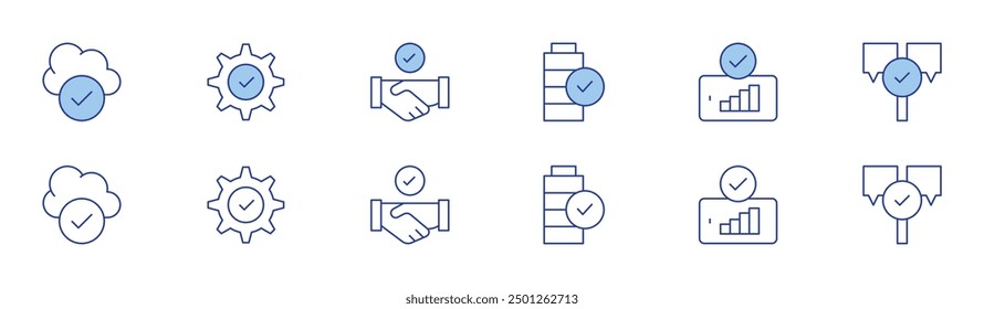 Checkmark icon set in two styles, Duotone and Thin Line style. Editable stroke. cloud computing, check mark, battery, good signal, answer, deal.