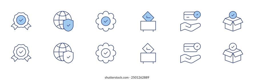 Checkmark icon set in two styles, Duotone and Thin Line style. Editable stroke. vote, credit card, purchase, badge, security, success.