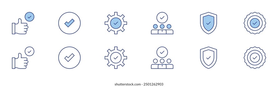 Checkmark icon set in two styles, Duotone and Thin Line style. Editable stroke. staff, verification, approval, best practice, yes, check.