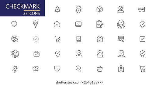 Ícone de marca de seleção definido. Marcar o conjunto de ícones da linha da Web. Contendo verificação, aceitar, concordar, selecionado, confirmar, aprovar, correto, completo, lista de verificação. isolado no fundo branco ilustração vetor plana.