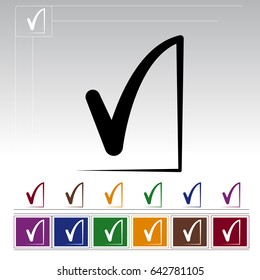 checkmark icon, V Letter Logo Template, set approver icon. Different color solutions. Rounded lines and a frame in the form of a circle.the character set for your design, square frame
