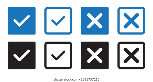 Checkmark icon. Checkmark vector set. Check and wrong icons set of check marks. Tick and cross icons . Vector illustration. solid and line icon style. 