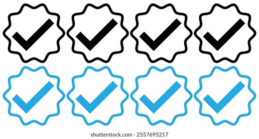 Checkmark icon. Checkmark vector set. Checked check box sign. Approved symbol. Verified badges. Social media account, profile verified badge. Tick mark. Vector illustrator.