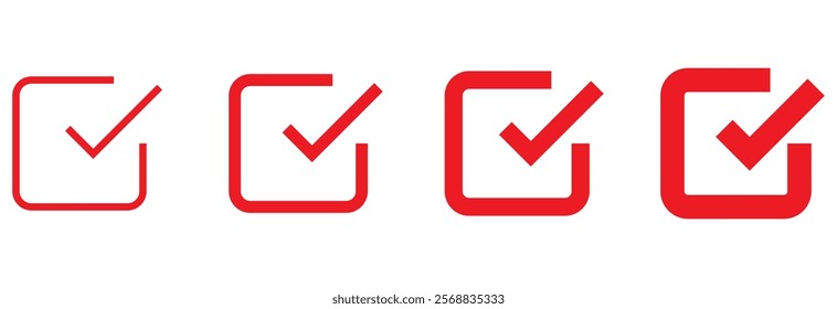 Checkmark icon. Checkmark vector set. Checked check box sign. Approved symbol. Isolated v check mark icon. Thin, Light Regular And Bold style design isolated on white background eps 10