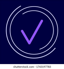 checkmark icon for web site, 
symbol indicating choice, 
button mark for application on the phone, purple checkmark on a blue background with a white circle, positive answer
