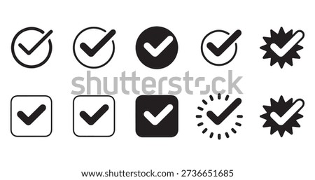 Checkmark icons in black and white, shown in circles squares and starbursts. Symbols for verification, approval, and confirmation.