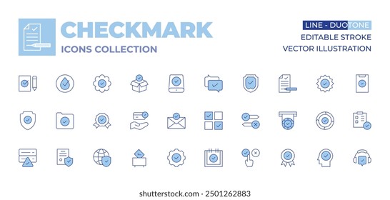 Checkmark icons collection. Line Duotone style, editable stroke. folder, insurance, vote, server, shield, check mark, select, email, easy installation, credit card, badge, security.