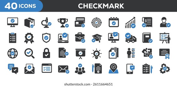 Checkmark icons collection. Related approvals, agreement, checklist, verification. Solid colors style icons. Vector illustration isolated on white background