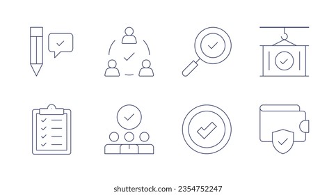 Checkmark icons. Editable stroke. Containing agree, team, search, container, task list, staff, check, wallet.