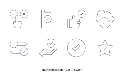 Iconos de marca de verificación. Trazo editable. Con respuesta, éxito, mejores prácticas, computación en la nube, decisión, protección de datos, sí, estrella.
