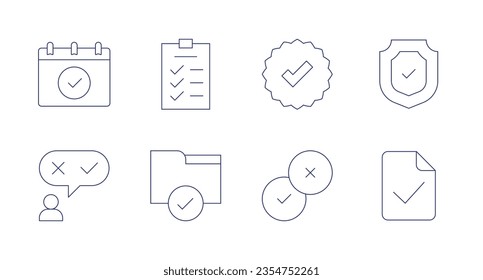 Checkmark icons. Editable stroke. Containing calendar, task list, tick, protection, candidate, customer satisfaction, check mark.