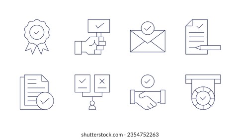 Iconos de marca de verificación. Trazo editable. Con insignia, marcada, email, documento, aprobación, elección, trato, medalla.