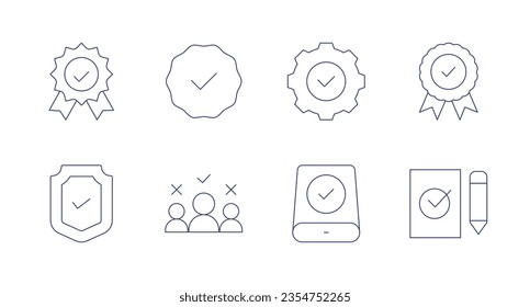 Checkmark icons. Editable stroke. Containing validation, guarantee, easy installation, award, shield, candidate, data storage, ballot.