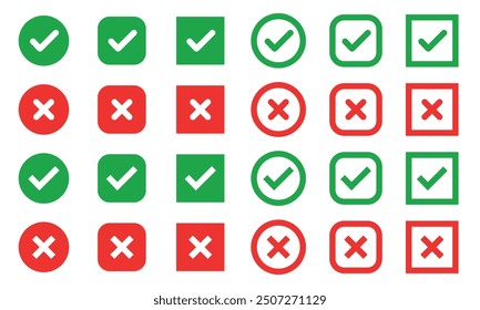 Checkmark icons green red right and wrong choices on isolated white background. Check mark true and false symbol tick sign. Approved symbol. Correct vote choice isolated symbol. Vector Illustration.