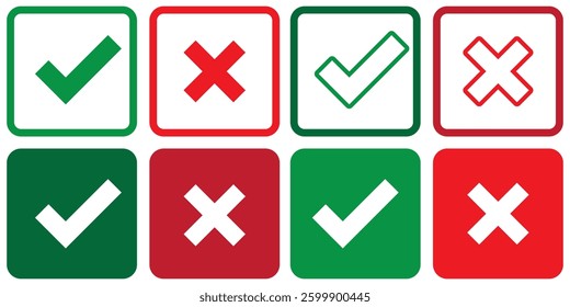 Checkmark icons green red right and wrong choices on isolated white background. Check mark true and false symbol tick sign. Approved symbol. Correct vote choice isolated symbol. Vector Illustration.