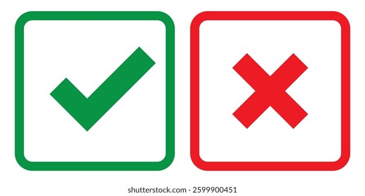 Checkmark icons green red right and wrong choices on isolated white background. Check mark true and false symbol tick sign. Approved symbol. Correct vote choice isolated symbol. Vector Illustration.