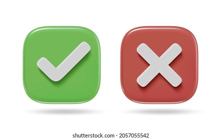 Checkmark icons. Green tick and red cross checkmarks. Check mark and X 3D stylized symbols