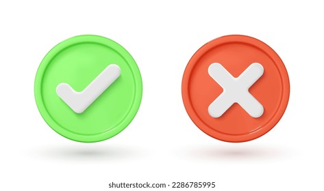 Checkmark icons. Green tick and red cross checkmarks. 3D symbols check mark and X