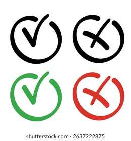 Checkmark icons hand drawn blue,green,black and red right and wrong choices .Check mark true and false symbol tick sign.