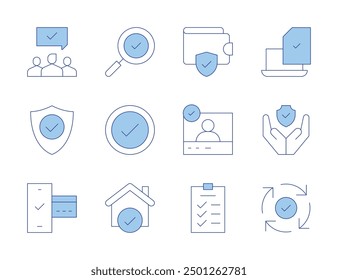 Checkmark icons. Line Duotone style, editable stroke. search, check, house, process, task list, wallet, trust, online payment, agreement, verified user, protection, checklist.