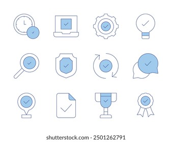 Checkmark icons. Line Duotone style, editable stroke. check, placeholder, search, validated, trophy, administration, approval, bulb, approved, protection, check mark.