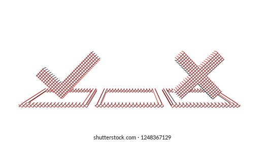 Checkmark icons of lines. Tick and cross sign. Vector outline illustration. Front view.