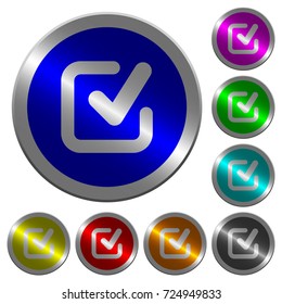 Checkmark icons on round luminous coin-like color steel buttons